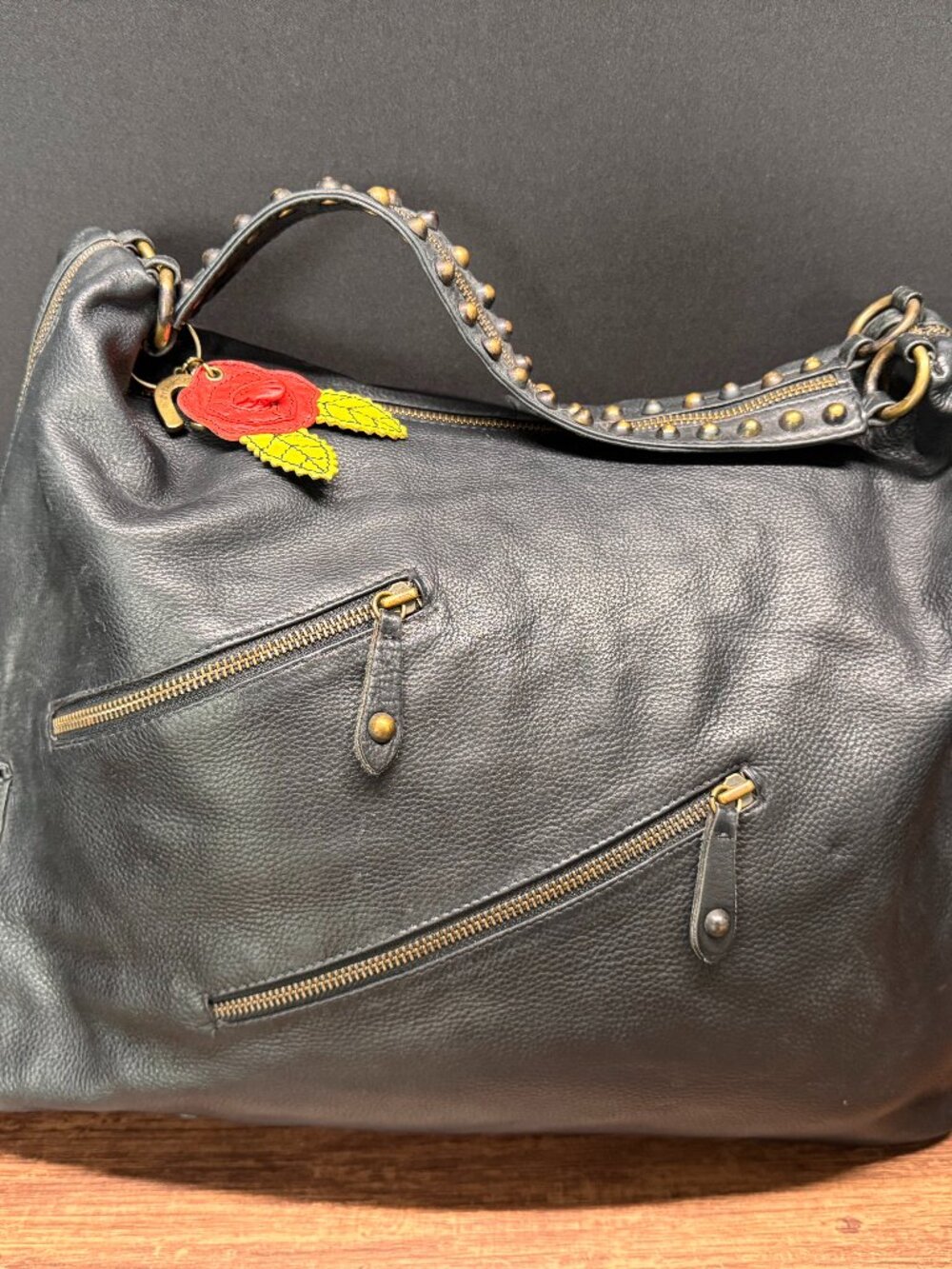 Betsey Johnson Black Studded Leather Hobo Bag